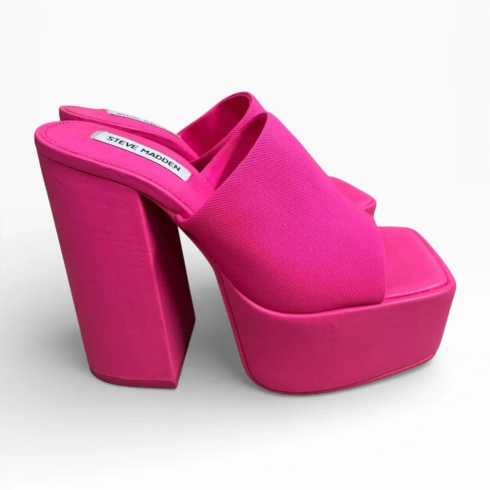 Steve Madden Tristyn Platform Mule Sandals Hot Pink Square Toe Heels Size 9 - Picture 3 of 7